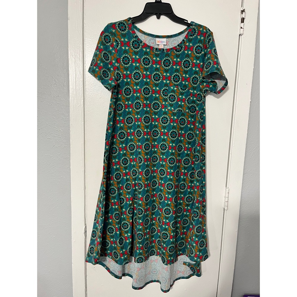 LuLaRoe‎ Carly Dress XS Teal Geometric Kaleidoscope High Low Pocket Swing Dress